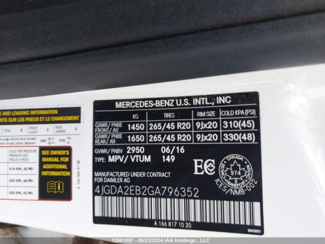 4JGDA2EB2GA796352 2016 MERCEDES-BENZ