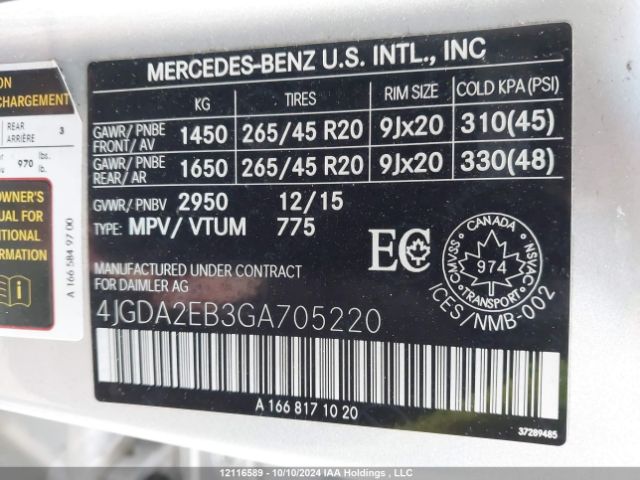 4JGDA2EB3GA705220 2016 MERCEDES-BENZ