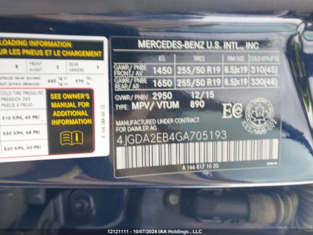 4JGDA2EB4GA705193 2016 MERCEDES-BENZ