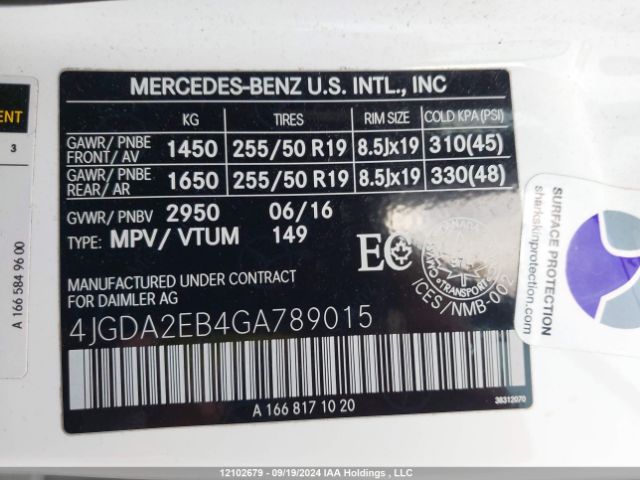 4JGDA2EB4GA789015 2016 MERCEDES-BENZ