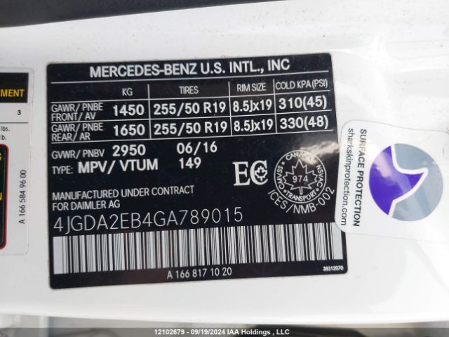 4JGDA2EB4GA789015 2016 MERCEDES-BENZ
