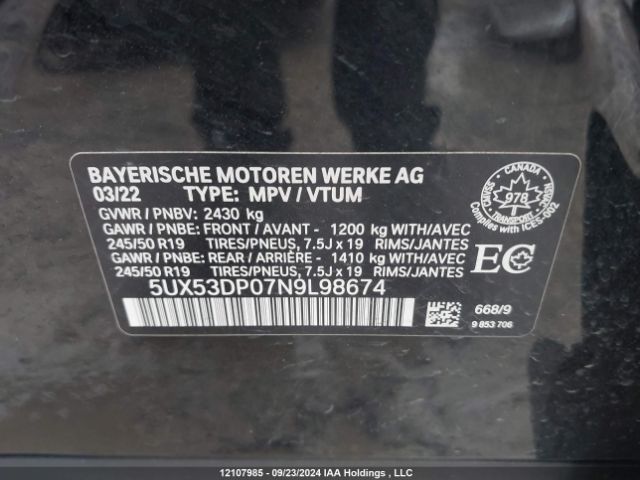 5UX53DP07N9L98674 2022 BMW