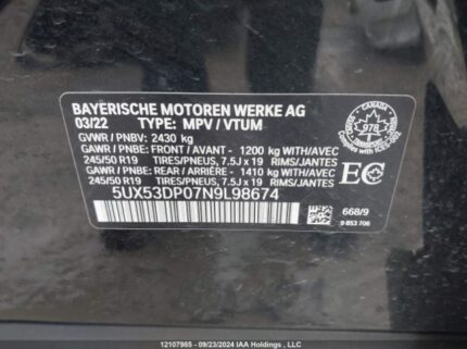 5UX53DP07N9L98674 2022 BMW