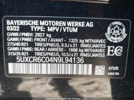 5UXCR6C04N9L94136 2022 BMW