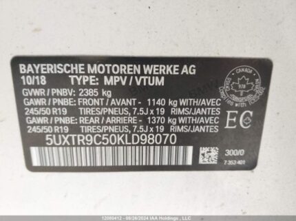 5UXTR9C50KLD98070 2019 BMW