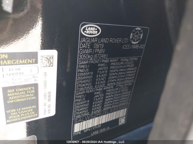 SALWS2RUXLA893646 2020 LAND ROVER
