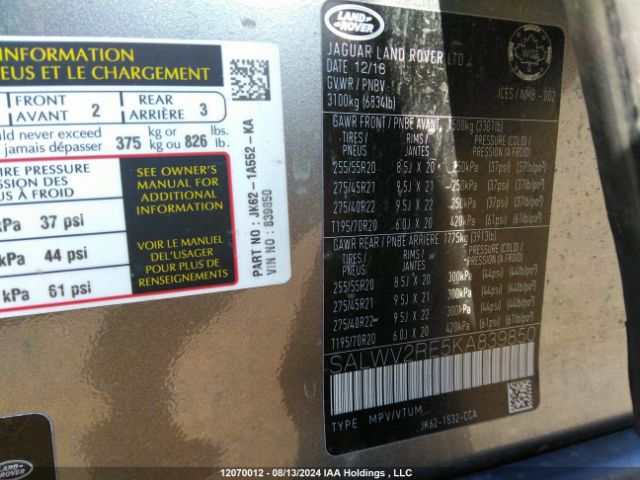 SALWV2RE5KA839850 2019 LAND ROVER