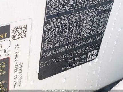 SALYJ2EX3NA345812 2022 LAND ROVER