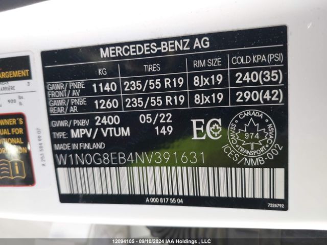 W1N0G8EB4NV391631 2022 MERCEDES-BENZ
