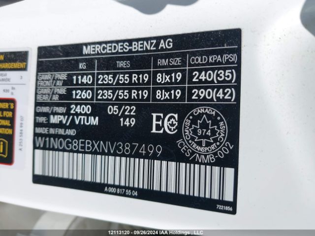 W1N0G8EBXNV387499 2022 MERCEDES-BENZ