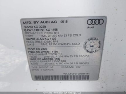 WA1JFCFS1GR001414 2016 AUDI