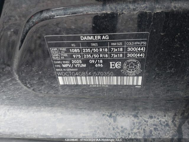 WDCTG4GB5KJ570350 2019 MERCEDES-BENZ