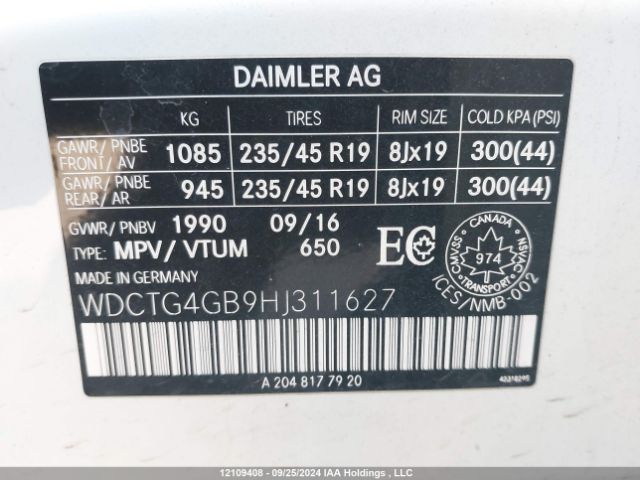 WDCTG4GB9HJ311627 2017 MERCEDES-BENZ