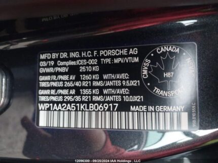 WP1AA2A51KLB06917 2019 PORSCHE
