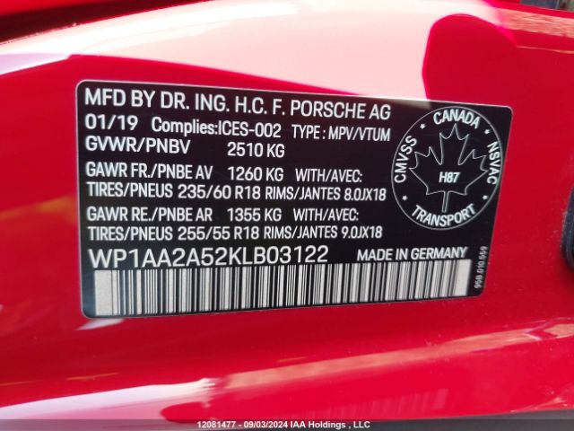 WP1AA2A52KLB03122 2019 PORSCHE