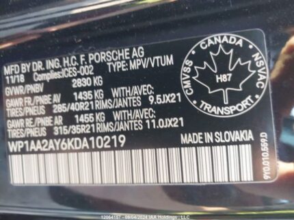 WP1AA2AY6KDA10219 2019 PORSCHE