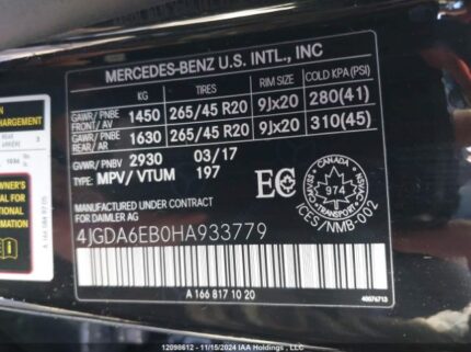 4JGDA6EB0HA933779 2017 MERCEDES-BENZ