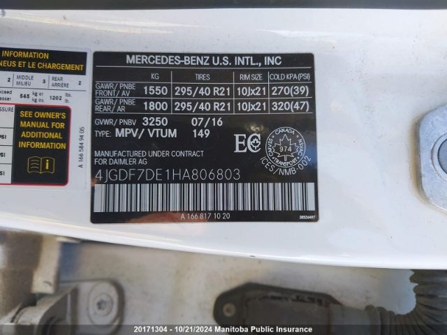 4JGDF7DE1HA806803 2017 MERCEDES BENZ