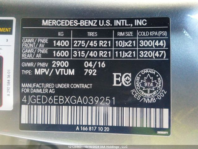 4JGED6EBXGA039251 2016 MERCEDES-BENZ