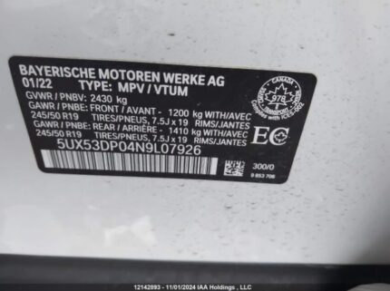 5UX53DP04N9L07926 2022 BMW