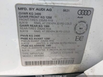 WA1EAAFY8M2117481 2021 AUDI