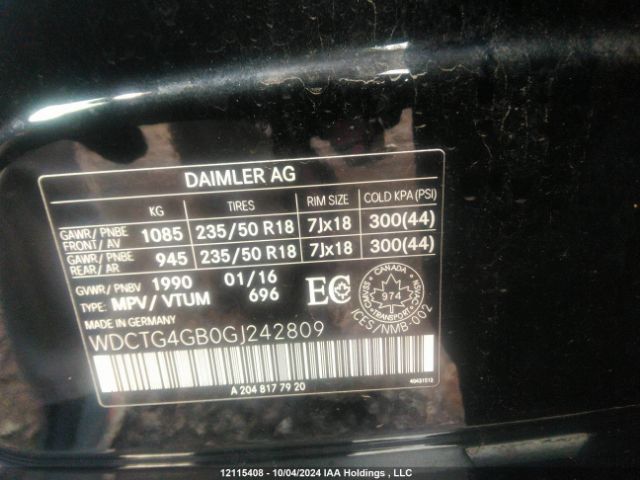 WDCTG4GB0GJ242809 2016 MERCEDES-BENZ