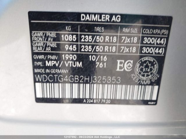 WDCTG4GB2HJ325353 2017 MERCEDES-BENZ