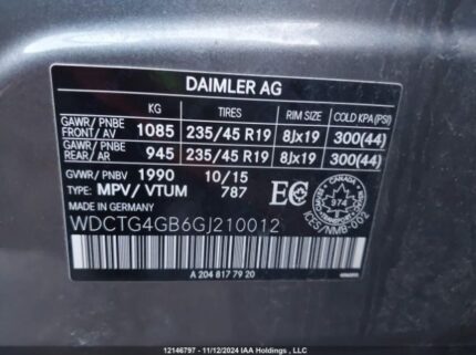 WDCTG4GB6GJ210012 2016 MERCEDES-BENZ