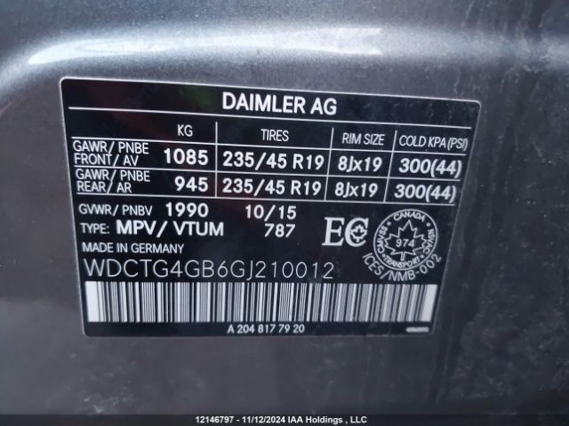 WDCTG4GB6GJ210012 2016 MERCEDES-BENZ