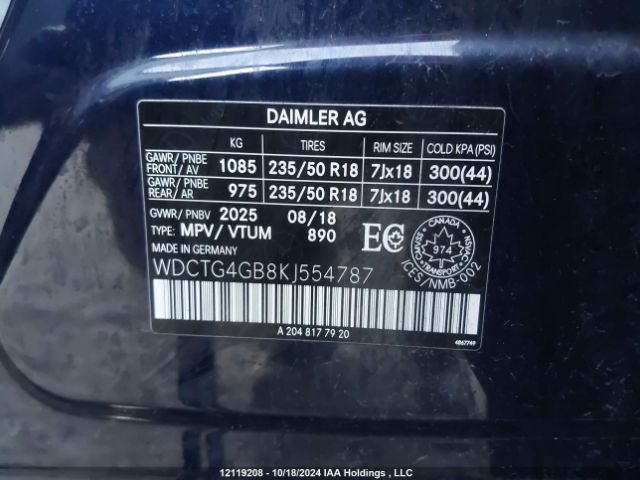 WDCTG4GB8KJ554787 2019 MERCEDES-BENZ