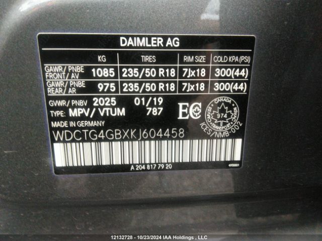 WDCTG4GBXKJ604458 2019 MERCEDES-BENZ