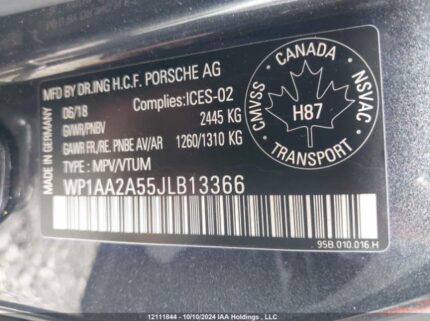 WP1AA2A55JLB13366 2018 PORSCHE