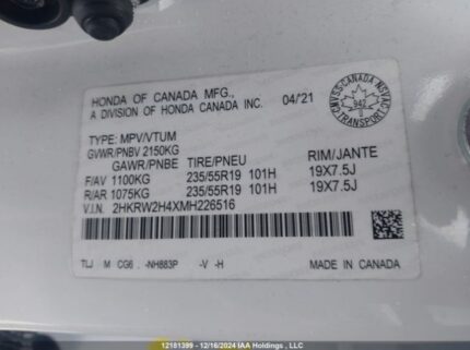 2HKRW2H4XMH226516 2021 HONDA