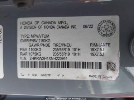 2HKRW2H4XNH220944 2022 HONDA