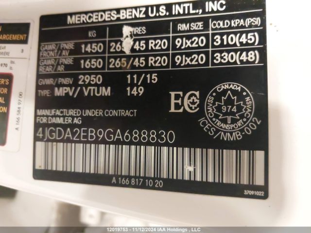4JGDA2EB9GA688830 2016 MERCEDES-BENZ