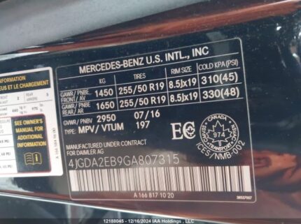 4JGDA2EB9GA807315 2016 MERCEDES-BENZ