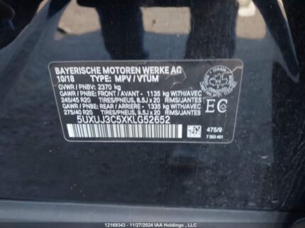 5UXUJ3C5XKLg52652 2019 BMW