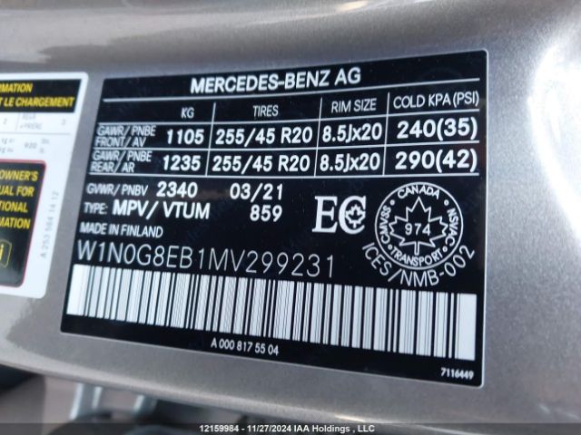 W1N0G8EB1MV299231 2021 MERCEDES-BENZ