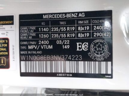 W1N0G8EB3NV374223 2022 MERCEDES-BENZ