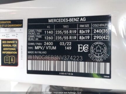W1N0G8EB3NV374223 2022 MERCEDES-BENZ