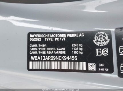 WBA13AR09NCk94456 2022 BMW