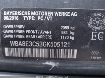 WBA8E3C53GK505121 2016 BMW
