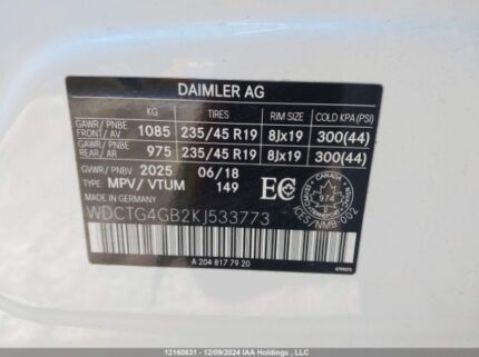 WDCTG4GB2KJ533773 2019 MERCEDES-BENZ