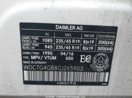 WDCTG4GB8GJ265903 2016 MERCEDES-BENZ