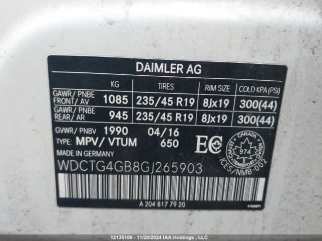 WDCTG4GB8GJ265903 2016 MERCEDES-BENZ