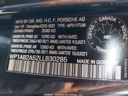 WP1AB2A52LLB30285 2020 PORSCHE