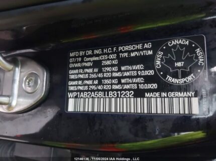 WP1AB2A58LLb31232 2020 PORSCHE