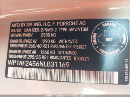WP1AF2A56NLB31169 2022 PORSCHE