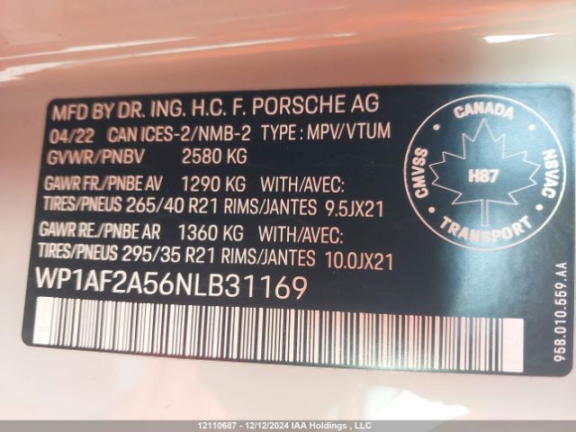 WP1AF2A56NLB31169 2022 PORSCHE
