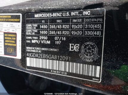 4JGDA2EB5GA812091 2016 MERCEDES-BENZ